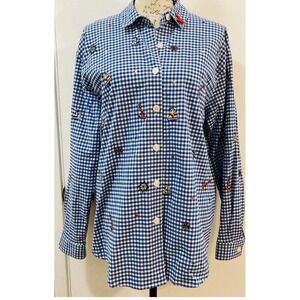 Teddi Blue Gingham Nautical Embroidered‎ Button Down Shirt Top XL